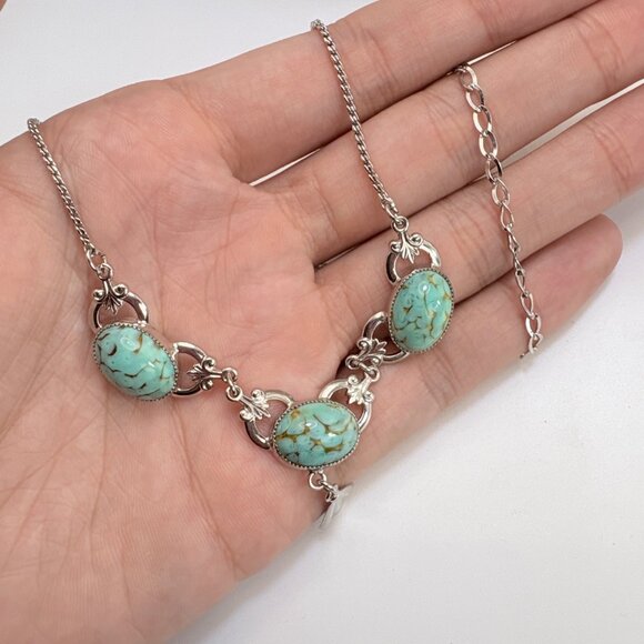 VTG Sterling Silver 925 Turquoise Three Stone Chain Necklace Size 14" Adjustable - Picture 8 of 13